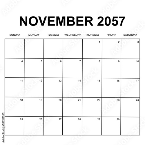 november 2057. monthly calendar design. week starts on sunday. printable, simple, and clean vector design isolated on white background.