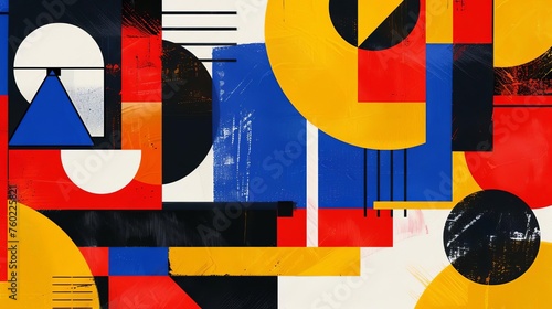 Abstract Geometric Shapes and Lines in Bold Primary Colors, Bauhaus Inspired Digital Art