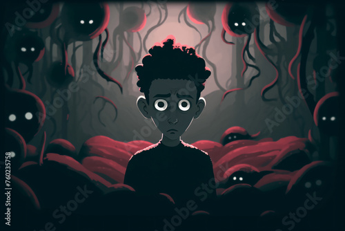 A cartoon of a boy surrounded by manifestations of fear