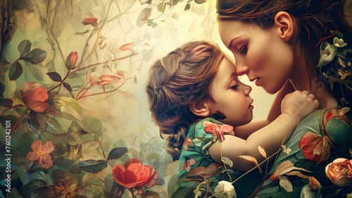 An illustration of a mother holding her little daughter and touching her head to show her love on floral background