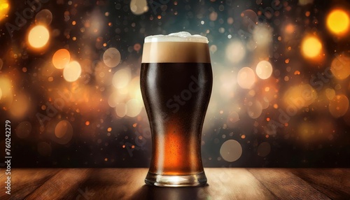 Frosty Glass of Dark Beer with Bokeh Background