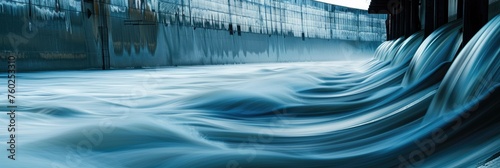Abstract industrial flow of water in factory - Dynamic and smooth flow of water captured in a high contrast industrial setting, evoking a sense of motion and force