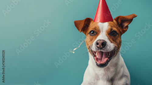 Cute dog celebrating with red pary hat and blow-out against a blue background and copy space to side.