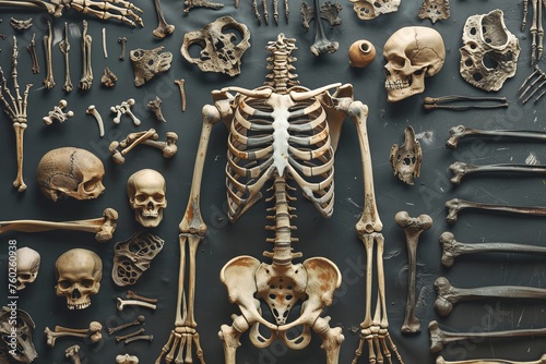An illustration featuring a variety of human skeletons and bones hanging on a wall. Generative AI