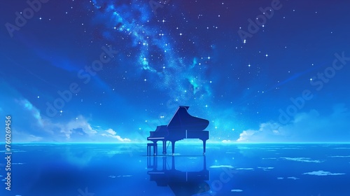美しい星空と水面に佇むグランドピアノ