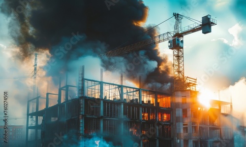 Construction site fire, burning house and black smoke generated AI