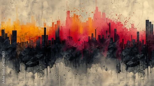 city skyline red yellow sky fluid colored smoke color abstract representing data flowing rhythms irons world only concrete thick layers sound waves