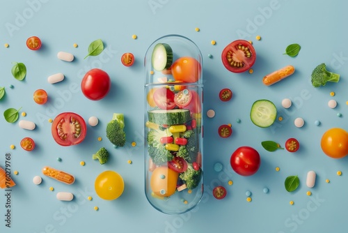 vegetables and fruits in capsule of medicine, vitamins from natural, healthy food, supplement