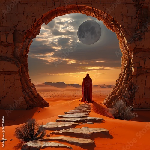 man red cloak standing desert progressive rock album cover avatar tunnels lead different worlds path based dunes black sun dream portal solitary traverse