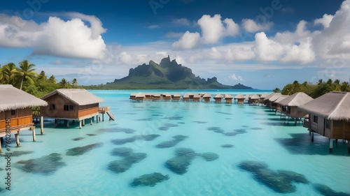 a Tranquil Lagoon in Bora Bora, French Polynesia, Characterized by Pristine Waters and Overwater Bungalows Nestled Along the Shore, Offering a Glimpse into the Idyllic Beauty and Relaxing Atmosphere o