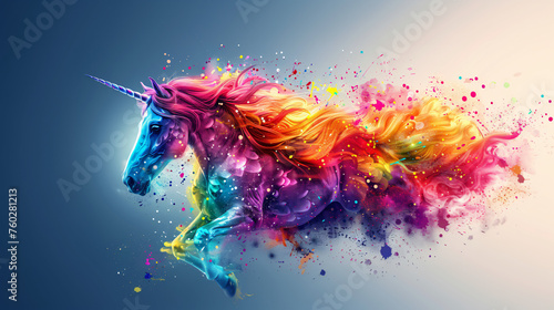 Colorful painting art depicting a closeup unicorn illustration in rainbow colors.