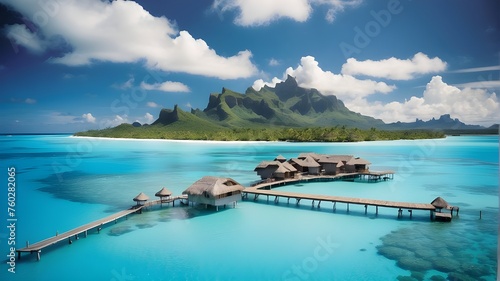 a Tranquil Lagoon in Bora Bora, French Polynesia, Characterized by Pristine Waters and Overwater Bungalows Nestled Along the Shore, Offering a Glimpse into the Idyllic Beauty and Relaxing Atmosphere o