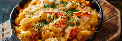 Delicious lobster mac and cheese dish - High-angle view of creamy lobster mac and cheese in a skillet, garnished with fresh parsley and spices