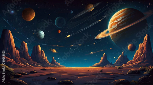 vector art of Children's illustration space, space landscape. wide angle lens realistic lighting. generative.ai 