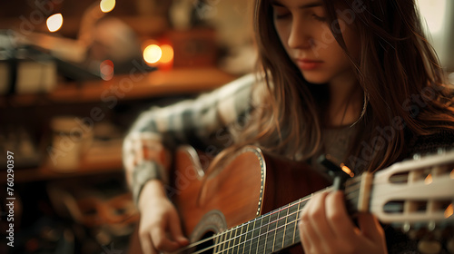 Teenager Playing Acoustic Guitar, Young Musician with Guitar in Hands, Hobby and Leisure Activity, Music Education Concept, Generative AI