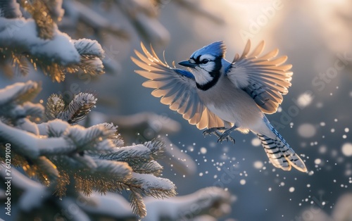 A Blue Jay with Wings Wide Open Set to Descend on a Frosty Pine Tree