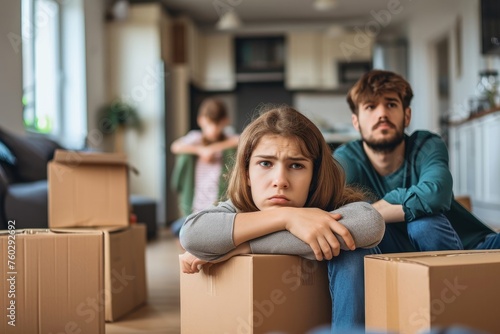 Sad stressed evicted family with kid worried relocating house. Moving to new home, family financial problems, crisis, financial hardship, cost of living, Generative AI 