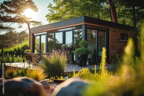 Modern shipping container house home, tiny house in sunny day. Shipping container houses is sustainable, eco-friendly living accommodation or holiday, Generative AI 