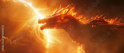 Dragon eclipsing the sun, fiery scales, close-up, intense solar flare lighting