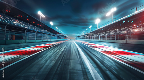 Finish Gate on Racetrack Stadium with Spotlights, Exciting Race Event Scene, Racing Competition Finish Line, Sports Arena with Illuminated Track, Finish Line Stadium Lights, Generative Ai
