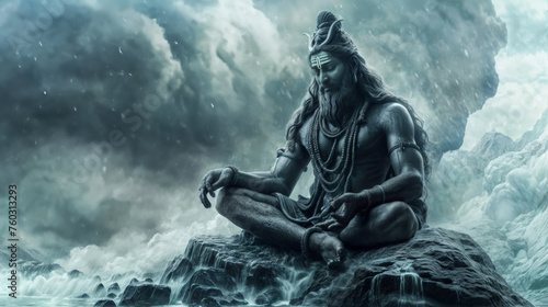 Lord Shiva sitting on a rock in the clouds, illustration