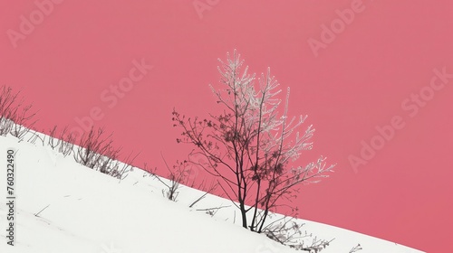 Drzewo stojące samo w śniegu na tle różowego nieba. Sceneria przedstawiająca kontrast pomiędzy białym śniegiem a delikatnym różem na niebie.