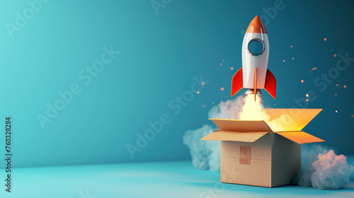 Embark on a journey to the stars with a rocket blasting off from a cardboard box, set against a vivid blue background. AI generative technology enriches the imaginative scene.