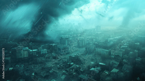 Feel the danger as a tornado descends upon a city at midnight in this captivating drone photograph. AI generative technology intensifies the scene's ominous atmosphere.