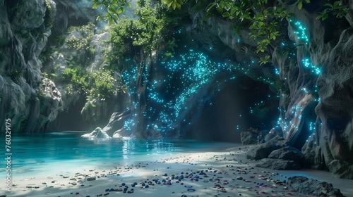 A hidden cave deep within a lush tropical island, with crystal-clear waters lapping at its sandy shores, and bioluminescent fungi casting an otherworldly glow on the rocky walls.