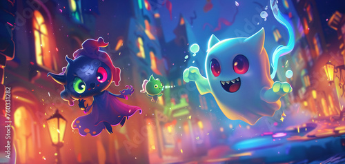 Glowing ghost pals with a little devil, playful scene, twilight, vibrant colors, close-up, storybook magic