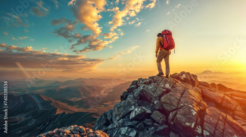 Hiker with backpack standing on top of a mountain and enjoying the view.