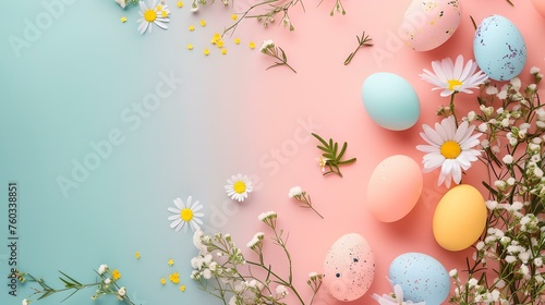 Colorful easter eggs with spring flowers on a pastel background. seasonal holiday concept with copy space. decorative and festive. AI