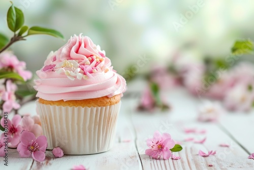 Cupcake on the table, spring background with blooming flowers