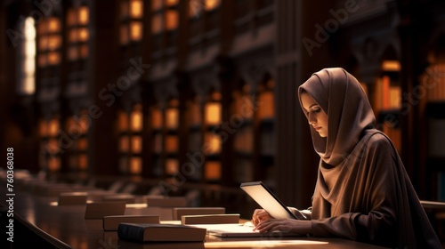 A young Arab, Muslim woman, a student is reading a book, preparing for exams, studies, scientific research in a university, college Library. Education, Literature, Hobbies and Leisure concepts.