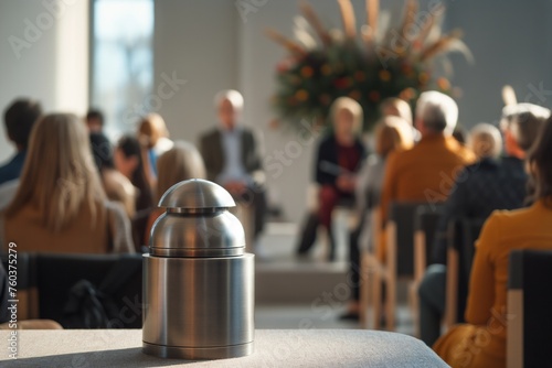 minimalistic grey urn with ashes on the table, family farewell ceremony to a loved one, with a crowd of people, copy space for text. Funeral concept. Final resting place for a departed soul.