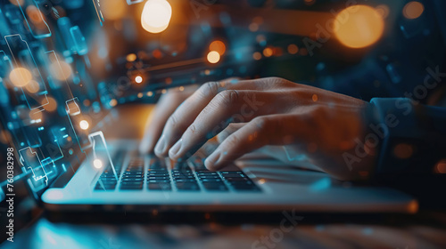 Man hands typing on laptop computer keyboard and surfing the internet on office table, online working, business and technology, internet network communication concept, close up. Generative AI