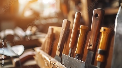 Close-up of woodworking hand tools, including chisels and a saw, with wooden handles lined up on a sunlit workshop shelf. The concept focuses on traditional craftsmanship