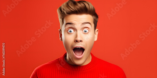Portrait of a shocked young man, with his mouth open in surprise, isolated on a red background with a dashed background. Concept discount, sale banner, bargain offer