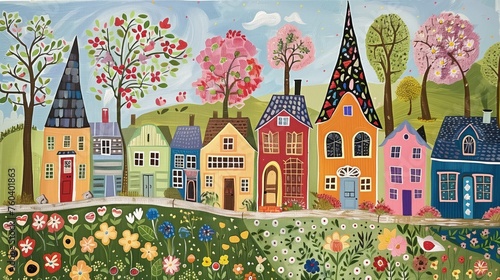 Malarstwo folklorystycznej ulicy wioski z wysokimi wąskimi domkami w rzędzie. Kwitnące kwiaty i zielone drzewa.