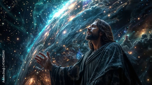 Jesus Christ in space with stars and nebula.