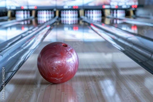 Red bowling ball on shiny wooden lane with pins at end. Indoor leisure and sports concept