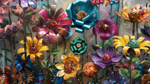 Kolorowe różnorodne kwiaty wiosny zrobione ręcznie z metalu i pomalowane farbą.