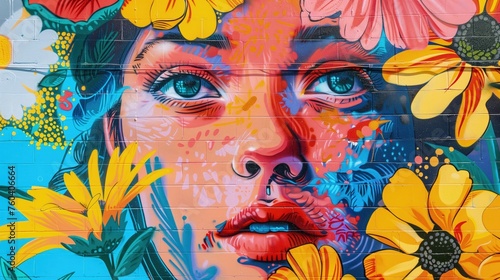 Mural przedstawia twarz kobiety z kwiatami we włosach. Sztuka uliczna ożywiająca ulice w duchu powitania wiosny