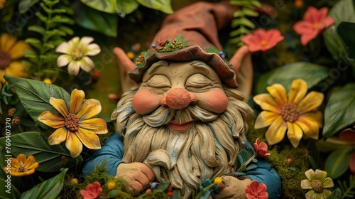 Pomnik krasnala ogrodowego z uśmiechem, wąsem i brodą oraz czapką czerwoną, otoczony kwiatami wiosennymi.