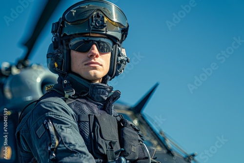Confident helicopter pilot in aviator gear with clear blue sky