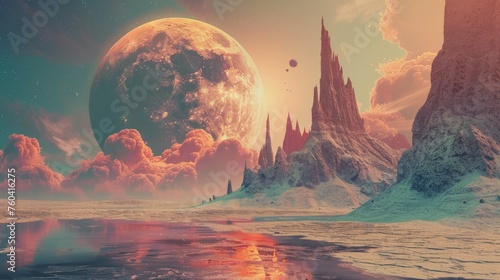 Alien landscape with towering spires and a large, fiery planet in the sky, evoking sci-fi, exploration, and otherworldliness.