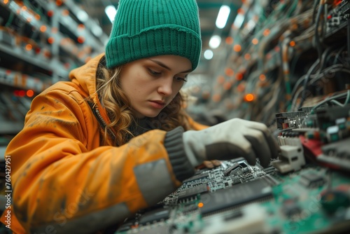 A skilled technician, her face focused and determined, wearing a vibrant green hat as she carefully works on a circuit board in the bustling factory, showcasing her expertise in the world of electron