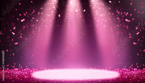 Pink confetti rain on festive stage with light beam in the middle, empty room at night mockup with copy space for award ceremony, jubilee, New Year's party or product presentations