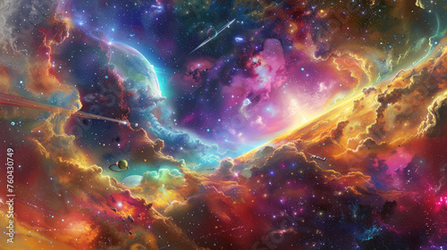Interstellar Voyage: A surreal image of the rider's journey across the cosmos, with the flying carpet weaving through colorful nebulae, passing by distant planets. Generative AI