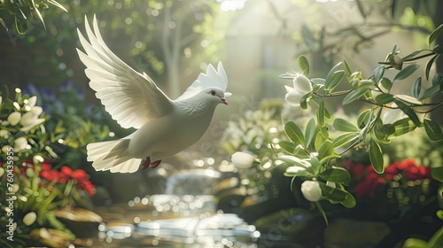 A dove gracefully carries an olive branch through a tranquil spa garden, embodying peace and rejuvenation in wellness.